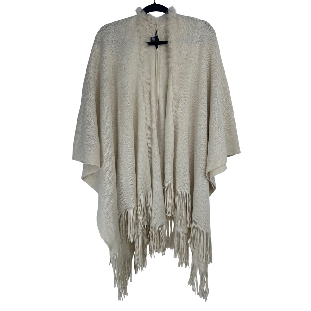 Cejon Womens Ivory Knit Shawl Rabbit Fur Trim Fringe Poncho O/S Quiet Luxury
